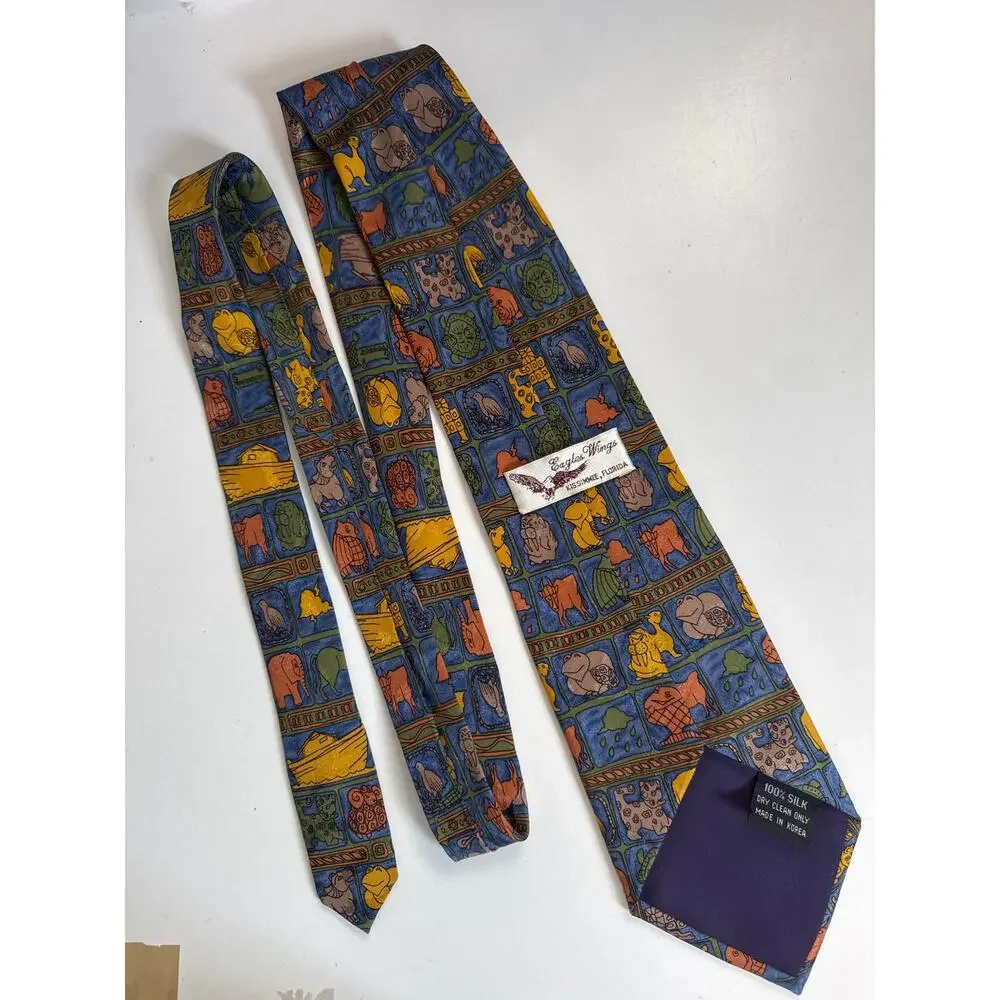 Vintage Noahs Ark Novelty Silk Tie Mens Church Easter 90s Colorful Eagles Wings